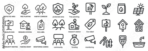 Ecological conservation icons set: outline, habitat protection, environmental symbols