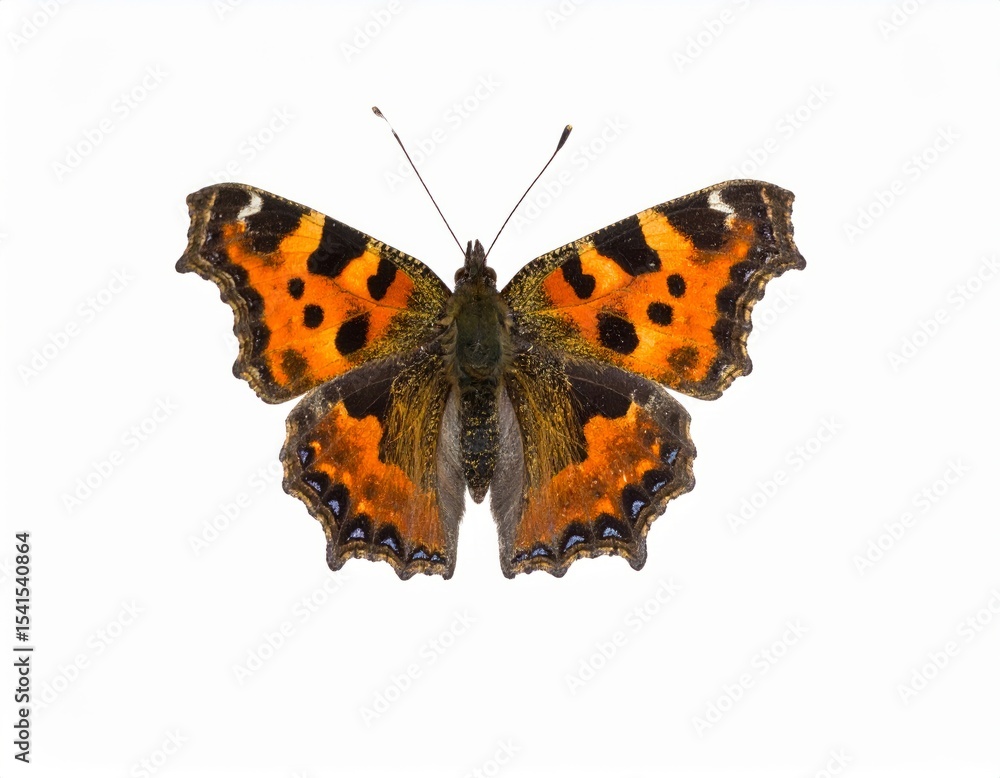Fototapeta premium Colored butterfly close view over white background, no shadow