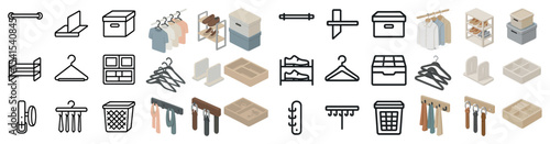 Home organization line icons set – flat, outline, storage and closet management symbols