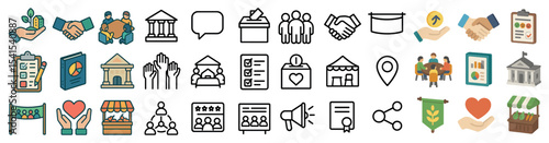 Community and charity icons set – outline, linear, nonprofit and volunteer symbols