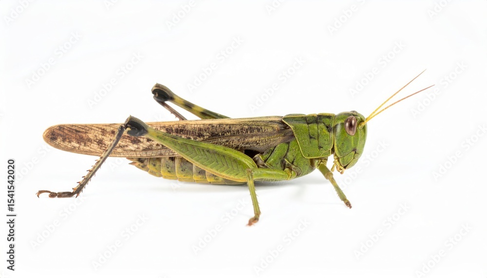 Fototapeta premium Grasshopper close view over white background, no shadow