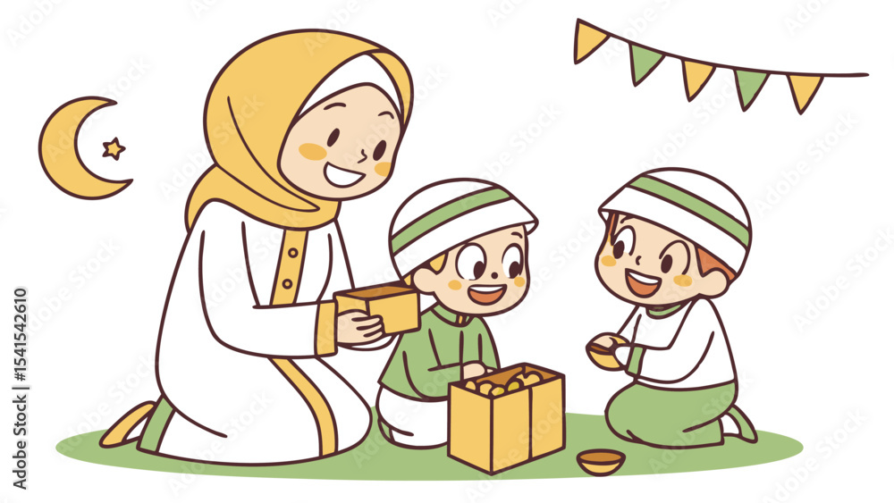 Illustration of a muslim woman with hijab and two children playing with gifts during ramadan celebration Illustration of a muslim woman with hijab and two children playing with gifts during ramadan celebration