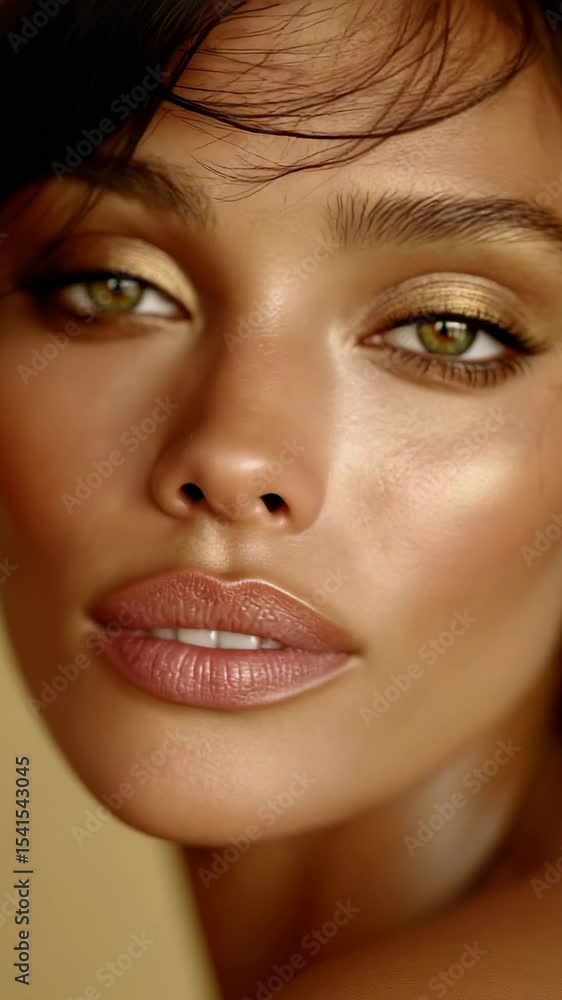 Beautiful close-up of a woman's face highlighting stunning makeup and features in a soft, warm setting Beautiful close-up of a woman's face highlighting stunning makeup and features in a soft, warm setting