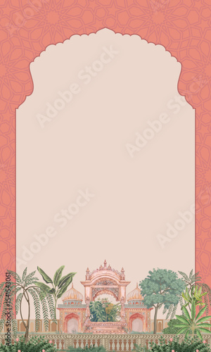 Mughal royal wedding illustration with arabesque frame, palace domes, arches, and lush garden landscape