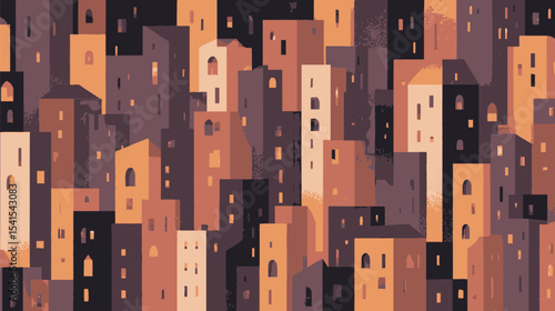 Stylized buildings illuminate urban cityscape at dusk serene background texture pattern
