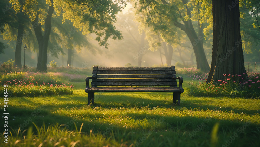 Fototapeta premium Empty bench inviting to relax in peaceful green park at sunrise