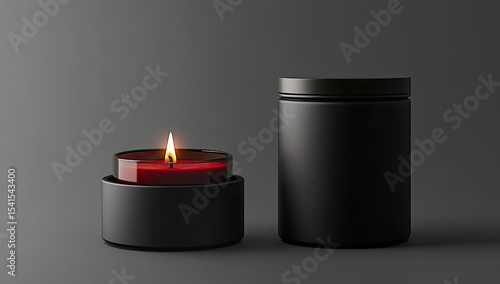 Two black candle containers, one with a lit red candle