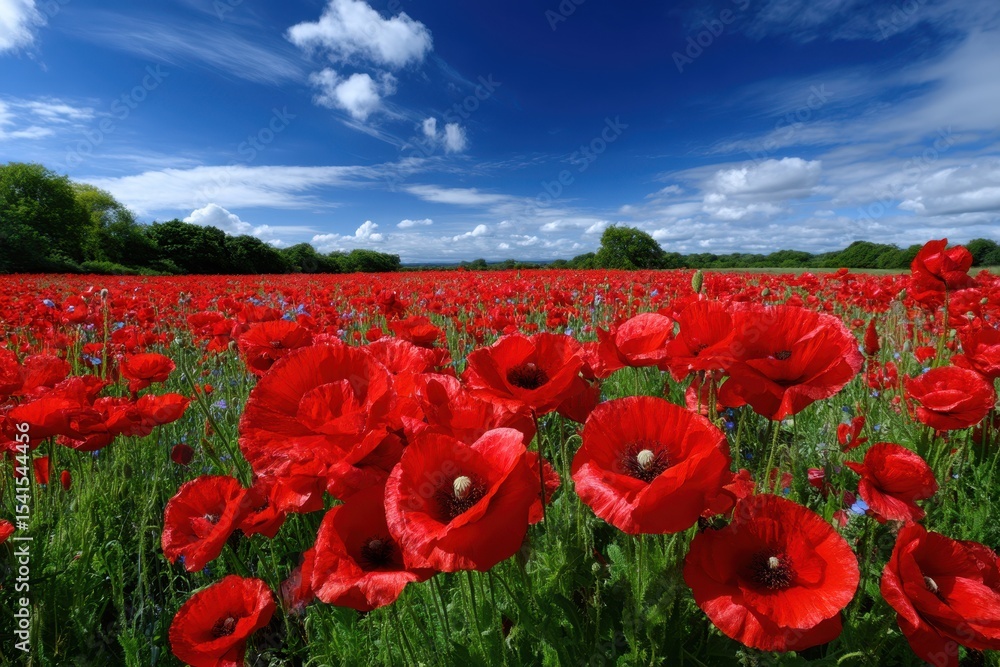 Fototapeta premium Vibrant red poppy field under bright blue sky with fluffy clouds in sunny weather