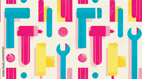 Colorful tools repeat dynamically across neutral background composition artful design
