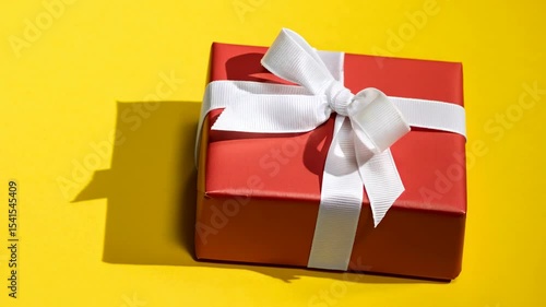   Red gift box tied with white ribbon on isolated on yellow background. Present box with white bow and ribbons. Holiday concept.  rotation animation