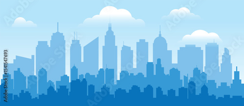 Blue Monochrome City Skyline, Flat Vector Urban Landscape with Skyscrapers and Modern Buildings