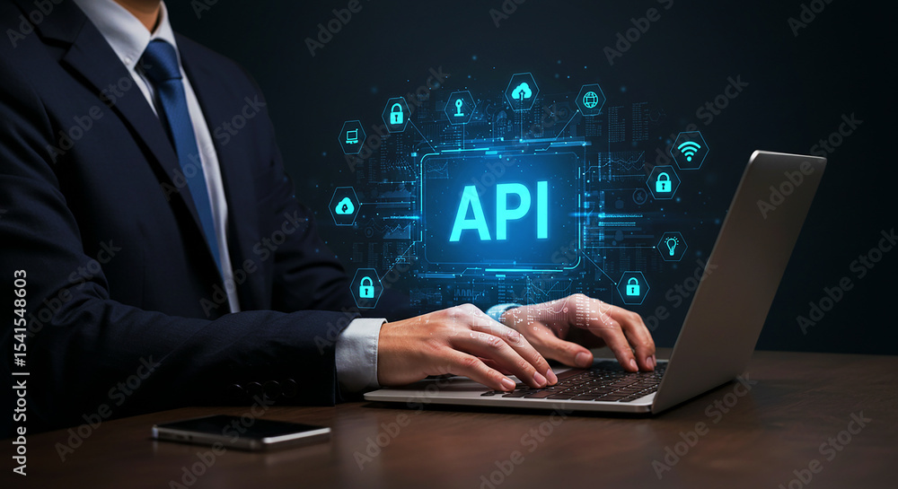 Man using laptop with api interface and security icons overlayed on a dark background in a suit Man using laptop with api interface and security icons overlayed on a dark background in a suit