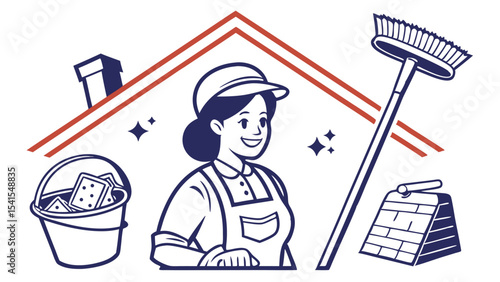 Illustration of a cleaning lady with a bucket, broom, and cleaning supplies under a roof outline design