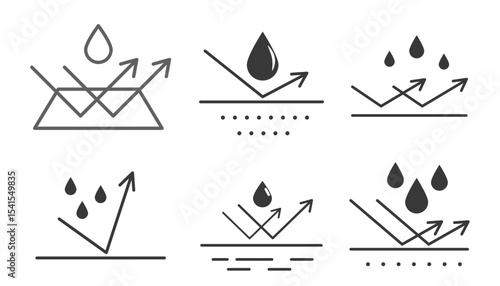 Waterproof icon water protection, surface protection from liquid. Line arrow and water drop. Weather protection symbol. Rainproof material. Simple resistant defence.