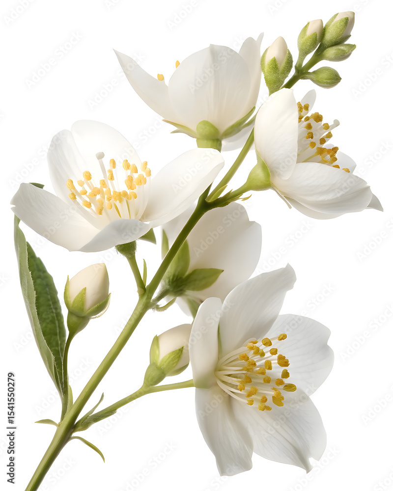 Obraz premium Elegant White Jasmine Flowers and Buds on Stem.