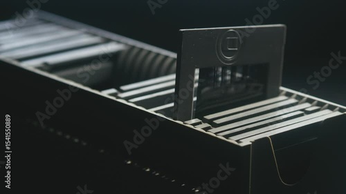 Photo slide show storage case with diapositive film. CLOSE-UP SLIDE