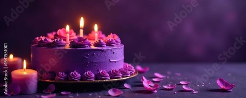 Luscious purple cake, lit candles, blank space , overhead shot, sweet treat, blank space