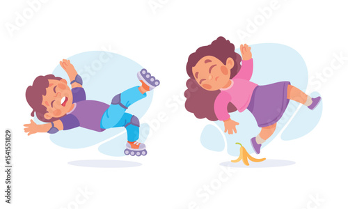Illustration of Children Slipping on a Banana Peel, Capturing a Funny and Cheerful Moment