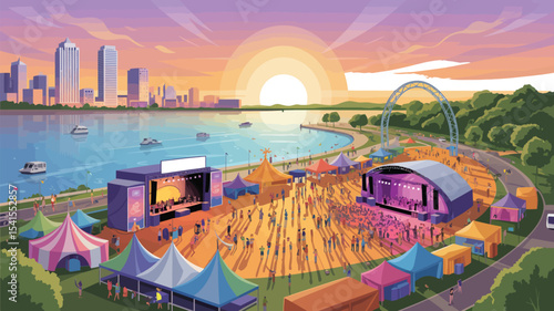 A vibrant vector illustration of Summerfest at golden hour, viewed from above. The scene captures the sprawling festival grounds along Milwaukee’s lakefront, featuring colorful tents, multiple concert