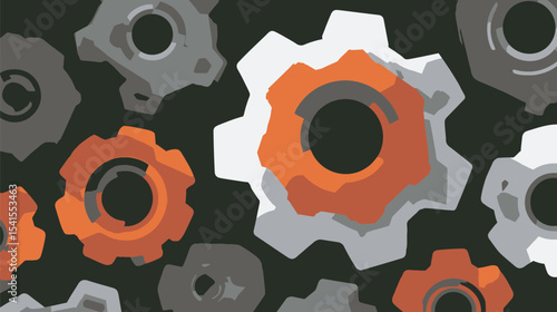 Mechanical gears rotate interlocked showing coordination abstractly dark setting industry