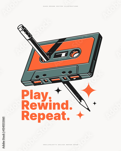 Cassette with inserted rewind pencil. Hand drawn vector illustration. Analog media and retro music culture concept for design, poster, print, and banner.
