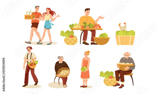 Illustrations showcasing vibrant market vendors along with an array of fresh produce
