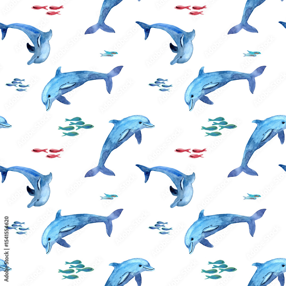 Fototapeta premium Watercolor seamless pattern of blue dolphins silhouettes. Illustration of sea animals and fishes. School of red fish. Design for fabric, backgrounds, packaging, covers, postcards, textile.