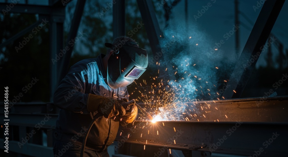 Nighttime welding on a metal structure with sparks flying, showcasing skilled craftsmanship and safety Nighttime welding on a metal structure with sparks flying, showcasing skilled craftsmanship and safety