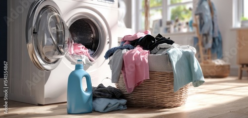 The washing machine surrounded by a colorful assortment of laundry in a sunny room.