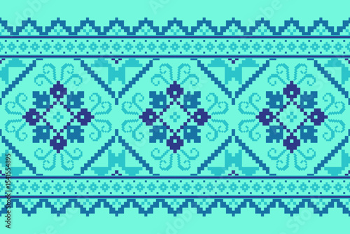 Cross stitch pattern concept showcasing traditional ethnic geometric pattern, Design for textile, background,carpet,wallpaper,clothing,wrapping,Batik,fabric,Vector illustration	
