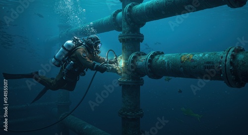 Diver performing underwater welding on a rusty pipeline structure amidst marine life in the ocean