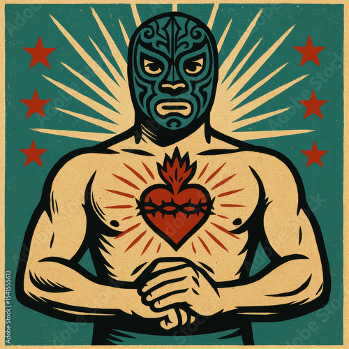 Bold retro illustration of a masked Mexican luchador, featuring a sacred heart emblem, with sunburst rays and stars in a vintage poster style.
