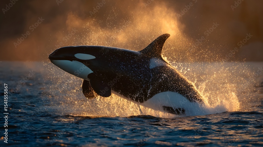Fototapeta premium Majestic orca breaching the surface of the ocean at sunset, creating a stunning water splash