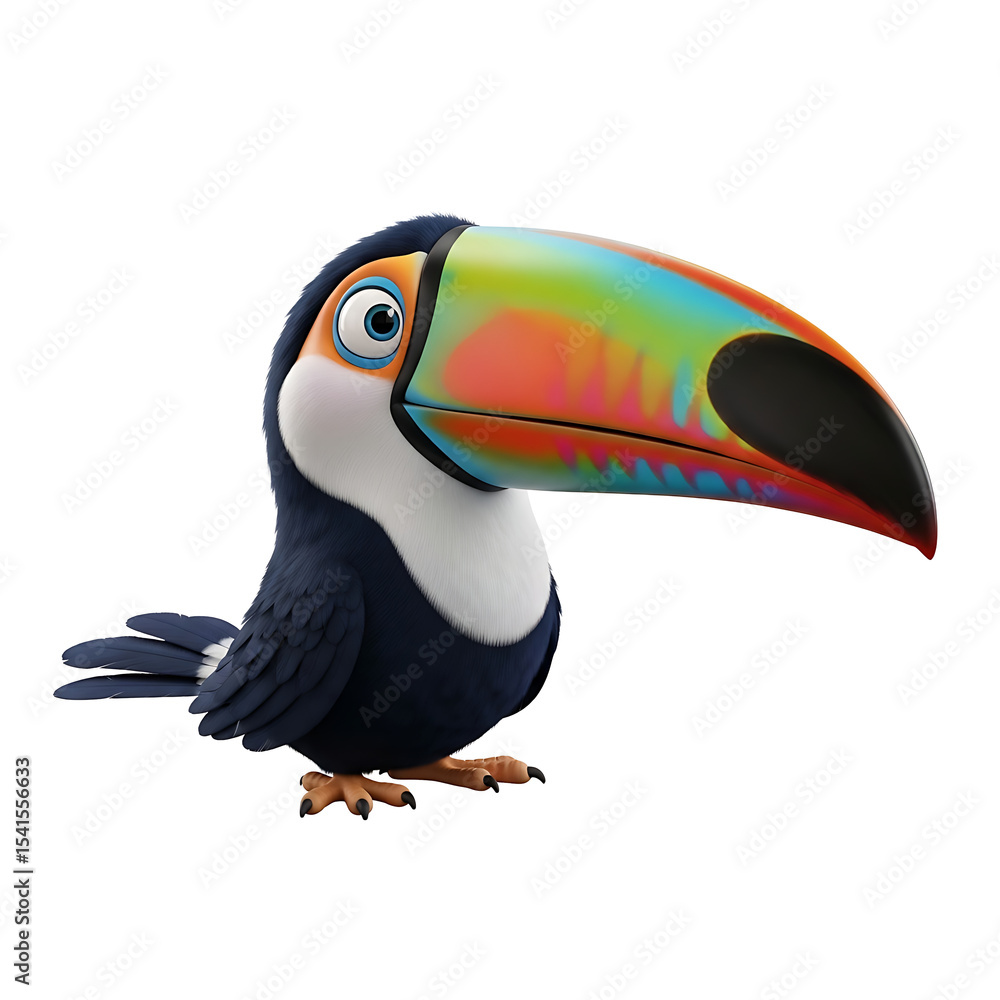 Obraz premium Cartoon toucan with vibrant beak, presented against a plain white background.