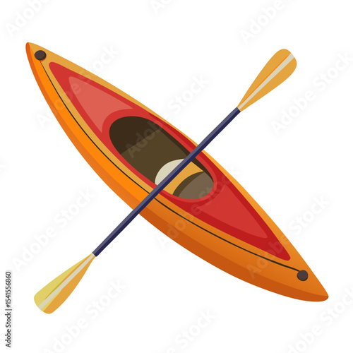 an orange and red kayak with a wooden paddle, shown from above in a minimalist design.