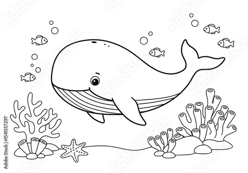 Coloring pages. cartoon cute whale with coral reefs theme coloring page. easy coloring page for kids. ready to print on standard A4 or 8.5x11 inch paper.