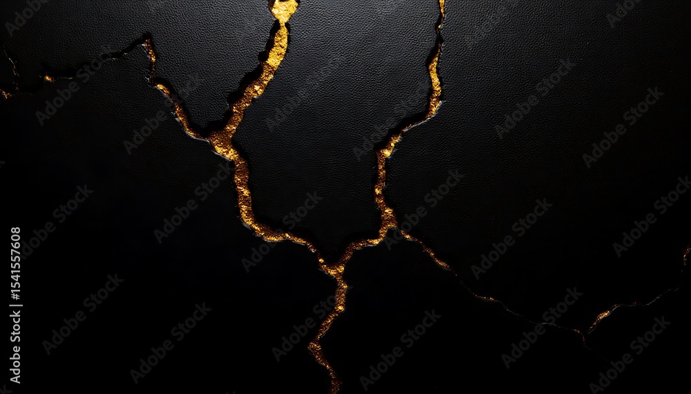 Fototapeta premium Intricate network of shimmering golden cracks across a textured, dark, and subtly grainy surface.