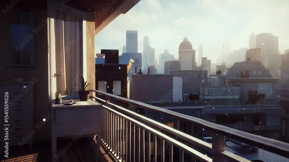 Sunny balcony overlooking city skyline with soft morning light Sunny balcony overlooking city skyline with soft morning light