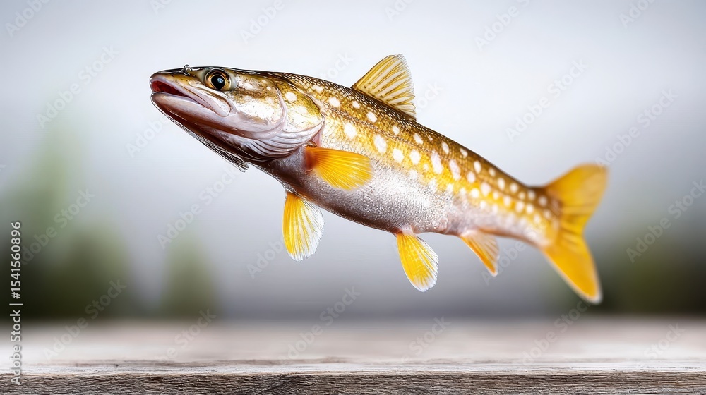 Naklejka premium Freshwater pike fish esox lucius jumping out of water. A predatory aquatic creature breaches surface tension exhibiting powerful locomotion.
