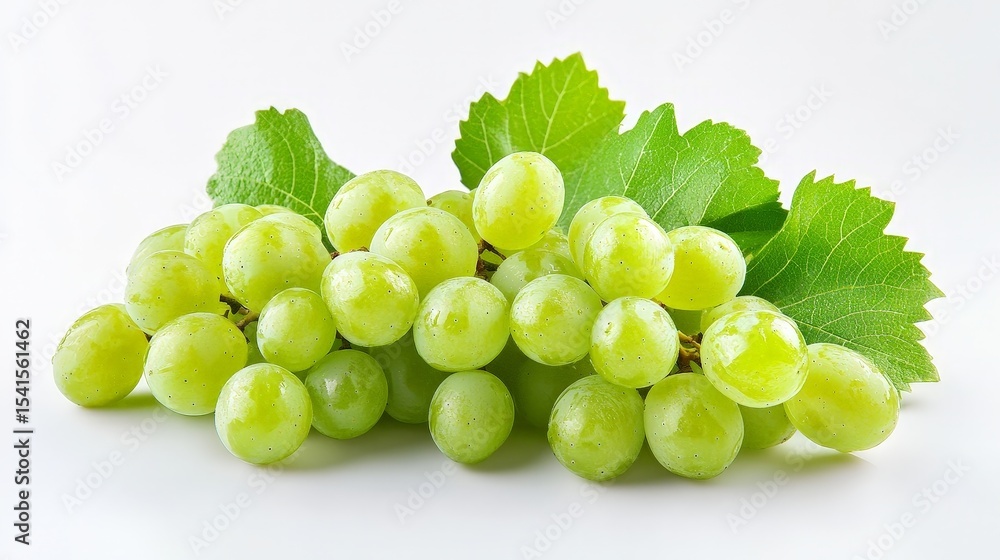 Fresh Green Grapes with Leaves on White Background Fresh Green Grapes with Leaves on White Background