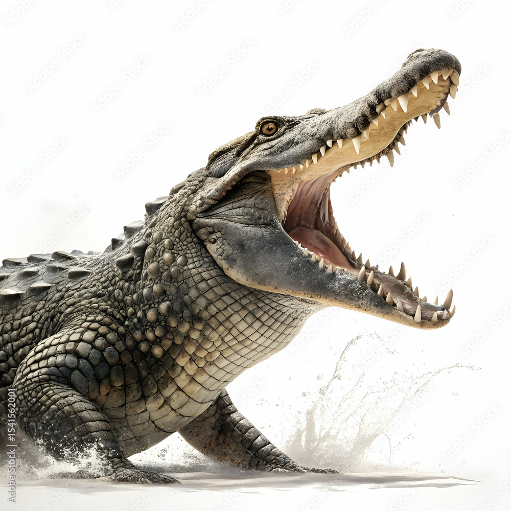 Fototapeta premium a fierce crocodile with rough scaly skin, powerful jaws, and long tail shown isolated on white background
