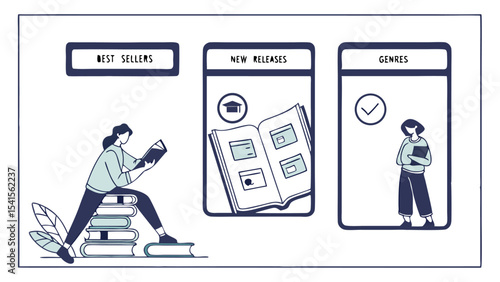 Illustration of a woman reading on books next to best sellers new releases and genres sections in a frame