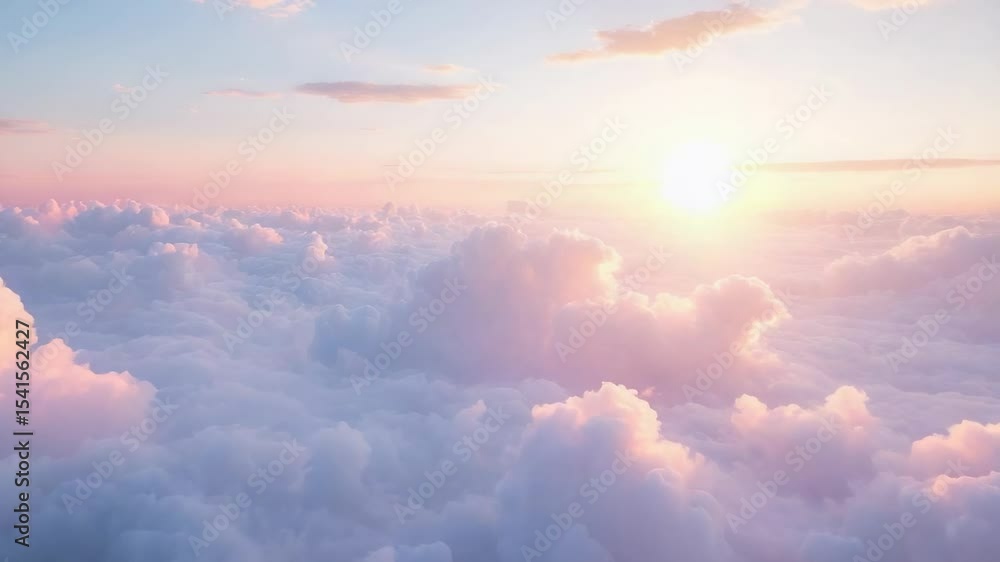 Opening drone capturing view over pastel clouds, shifting as rising sun creating golden glow Opening drone capturing view over pastel clouds, shifting as rising sun creating golden glow