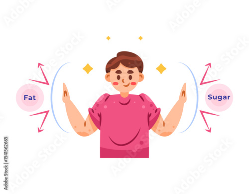 illustration of a boy refusing to consume sugar and fat. limiting and reducing foods containing sugar and fat. healthy lifestyle. facial expressions and gestures. flat style character design