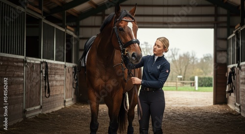 Woman gently grooming a horse in a stable, with sunlight filtering through the open door, creating a serene atmosphere