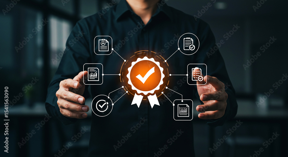 Fototapeta premium Man presenting digital quality assurance seal with checklist and document icons on dark background