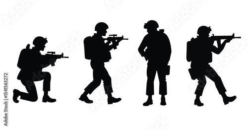 Army Soldiers with Rifles Silhouette Vector.  Military Combat and Tactical Action Poses Set