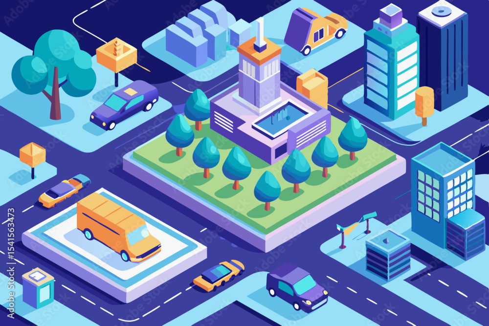 Modern Cityscape Isometric Design Perfect for Urban Branding Projects, Websites, and Presentations Featuring Buildings, Vehicles, and Trees Modern Cityscape Isometric Design Perfect for Urban Branding Projects, Websites, and Presentations Featuring Buildings, Vehicles, and Trees