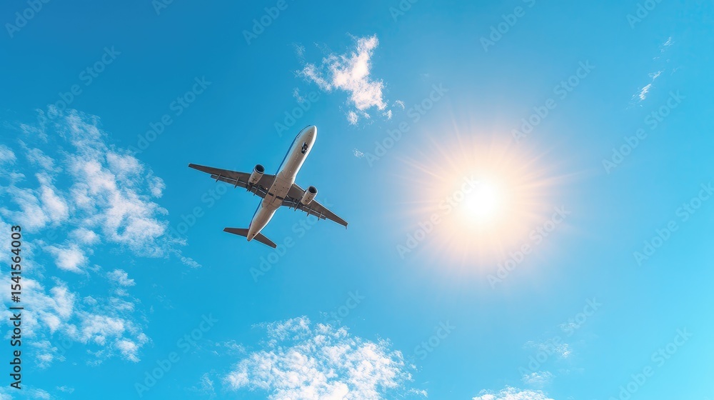 Fototapeta premium Airplane soaring through a vibrant blue sky filled with puffy white clouds, with a bright sun prominently featured