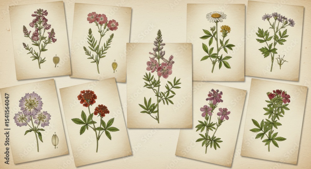 Fototapeta premium Botanical Study Antique floral illustrations on aged cards evoke vintage charm